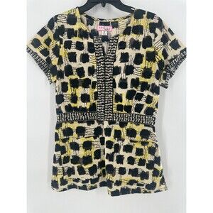Koi Happiness By Kathy Ashley Scrub Top Black Yellow Abstract Block Print Size M